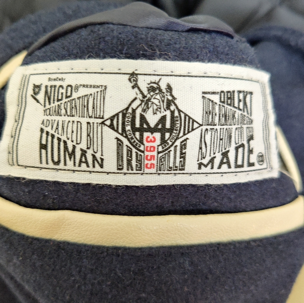 Human Made Dry Alls Varsity Jacket Navy Wool Leather Size L - Picture 8 of 12